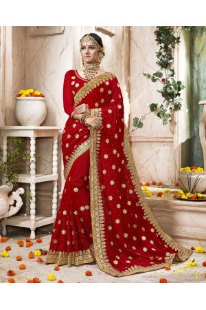 Red Faux  Georgette  Embroidered  Traditional  Saree 7405